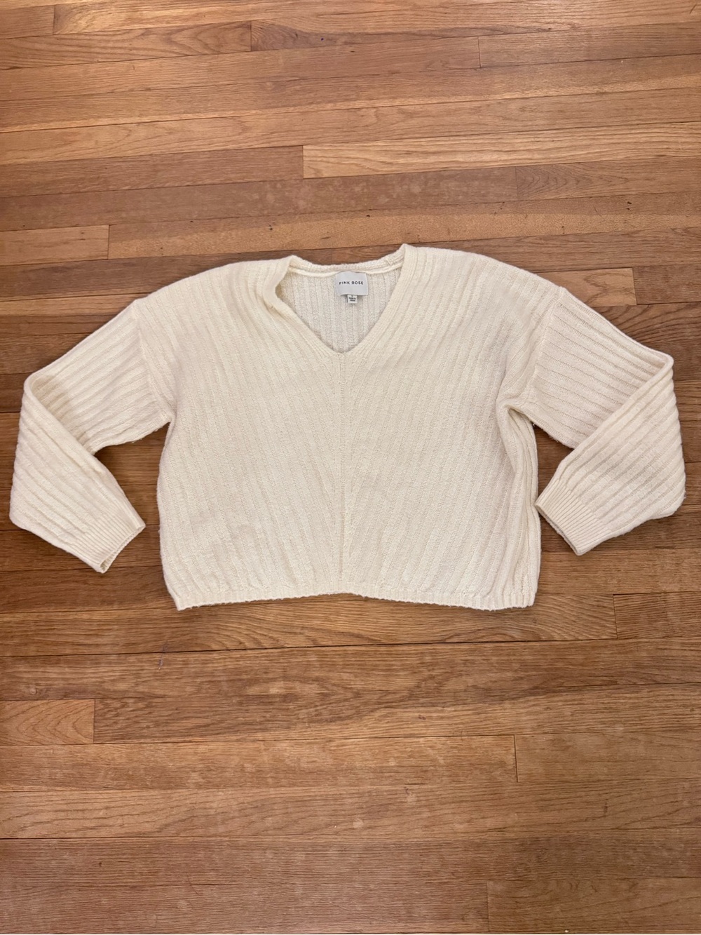 Pink Rose Women's Off White  V-Neck Ribbed Knit Sweater - Size L
 b51